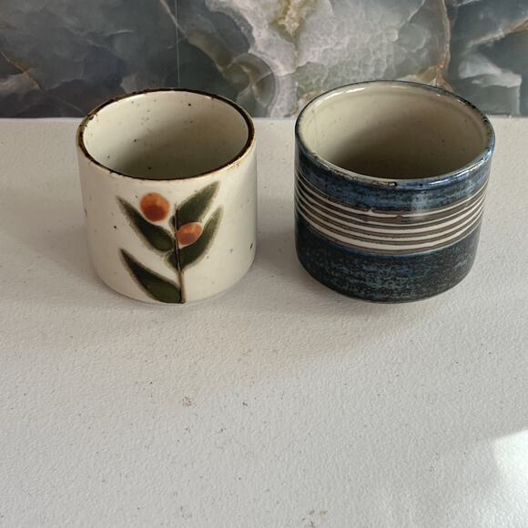 Studio Art Pottery Drinking Cups Set of 2 Handmade Striped & Floral Hand Painted - Picture 1 of 10